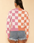 Two Tone Checkered Cropped Knit Cardigan