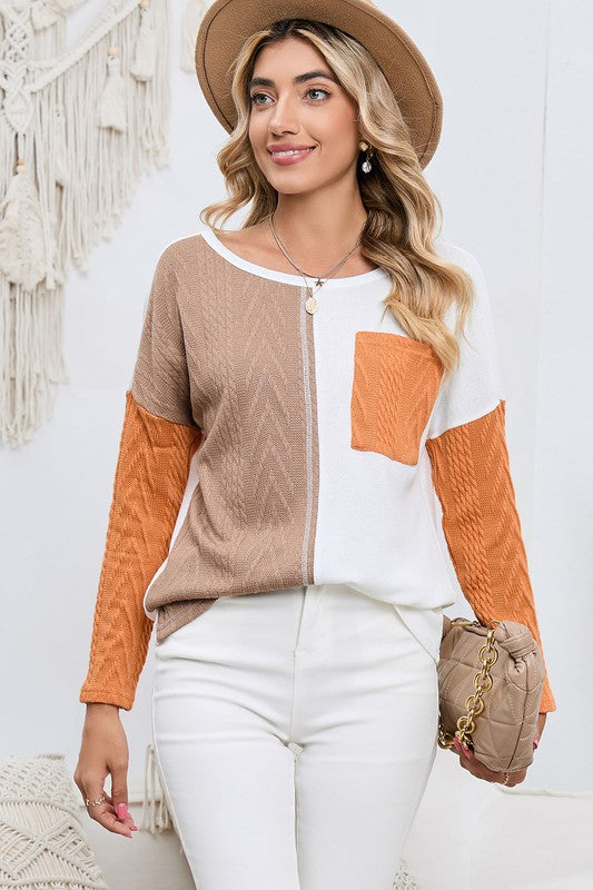 Cable Knit Color Block Round Sweater