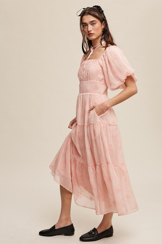 Listicle  Flower Embroidered Puff Sleeve Tiered Maxi Dress