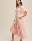 Listicle  Flower Embroidered Puff Sleeve Tiered Maxi Dress