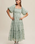 Listicle  Flower Embroidered Puff Sleeve Tiered Maxi Dress