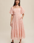 Listicle  Flower Embroidered Puff Sleeve Tiered Maxi Dress