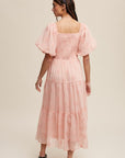 Listicle  Flower Embroidered Puff Sleeve Tiered Maxi Dress