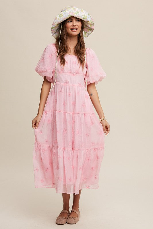 Listicle  Flower Embroidered Puff Sleeve Tiered Maxi Dress