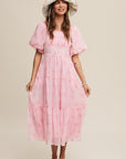 Listicle  Flower Embroidered Puff Sleeve Tiered Maxi Dress