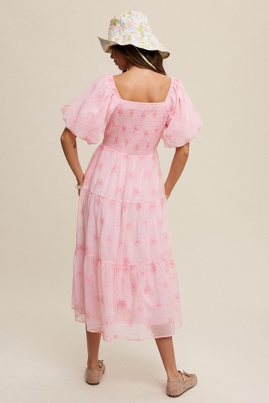 Listicle  Flower Embroidered Puff Sleeve Tiered Maxi Dress