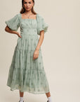 Listicle  Flower Embroidered Puff Sleeve Tiered Maxi Dress