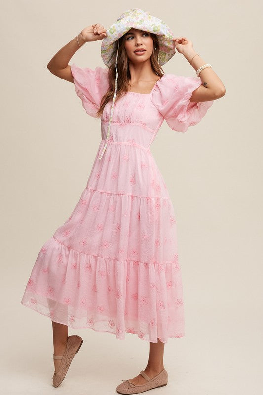 Listicle  Flower Embroidered Puff Sleeve Tiered Maxi Dress