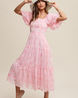 Listicle  Flower Embroidered Puff Sleeve Tiered Maxi Dress