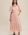 Listicle  Flower Embroidered Puff Sleeve Tiered Maxi Dress