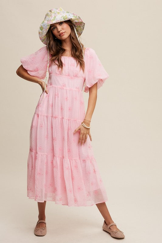 Listicle  Flower Embroidered Puff Sleeve Tiered Maxi Dress