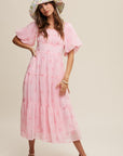 Listicle  Flower Embroidered Puff Sleeve Tiered Maxi Dress