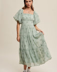 Listicle  Flower Embroidered Puff Sleeve Tiered Maxi Dress