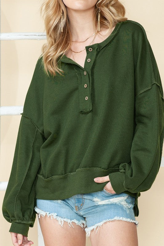 Cotton slouchy Drop Shoulder Henley Sweatshirt