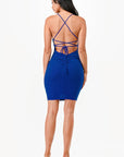 La Scala Glittered Lace Up Short Dress with Shirring