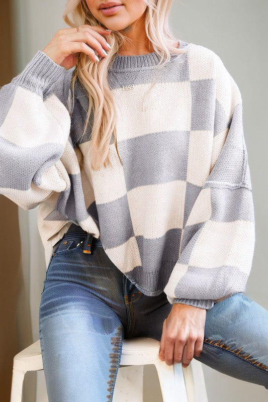 Checkered Bishop Sleeve Sweater