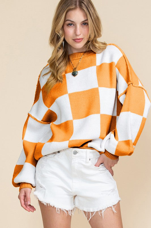 Checkered Bishop Sleeve Sweater