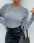 Hope Horizon Gray Frenchy Pearls Beaded Shoulder Sweater