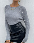 Hope Horizon Gray Frenchy Pearls Beaded Shoulder Sweater