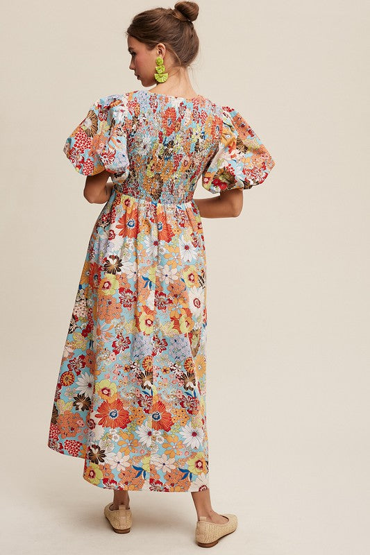 Listicle Flower Print Smocked V-neck Puff Sleeve Maxi Dress