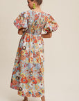 Listicle Flower Print Smocked V-neck Puff Sleeve Maxi Dress