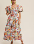 Listicle Flower Print Smocked V-neck Puff Sleeve Maxi Dress