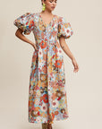 Listicle Flower Print Smocked V-neck Puff Sleeve Maxi Dress