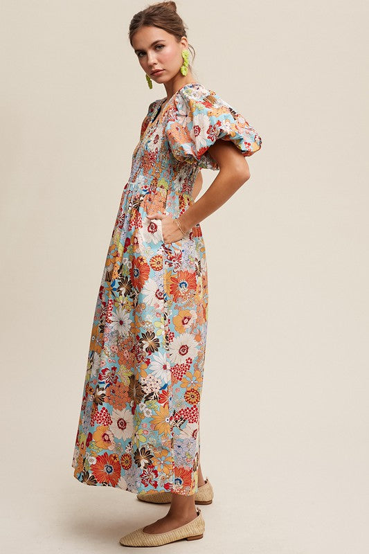 Listicle Flower Print Smocked V-neck Puff Sleeve Maxi Dress