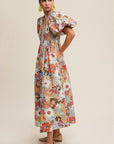 Listicle Flower Print Smocked V-neck Puff Sleeve Maxi Dress