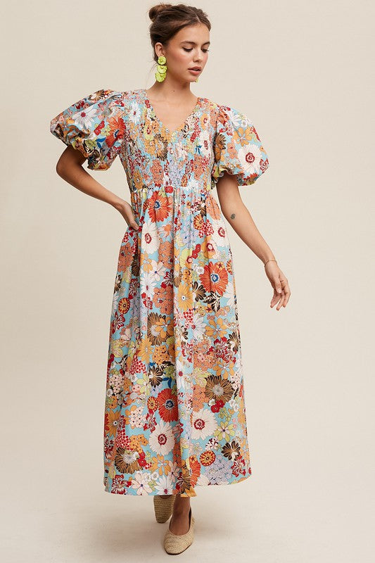 Listicle Flower Print Smocked V-neck Puff Sleeve Maxi Dress