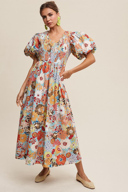 Listicle Flower Print Smocked V-neck Puff Sleeve Maxi Dress