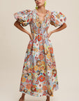 Listicle Flower Print Smocked V-neck Puff Sleeve Maxi Dress