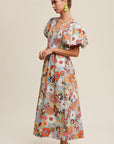 Listicle Flower Print Smocked V-neck Puff Sleeve Maxi Dress