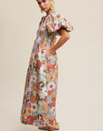 Listicle Flower Print Smocked V-neck Puff Sleeve Maxi Dress