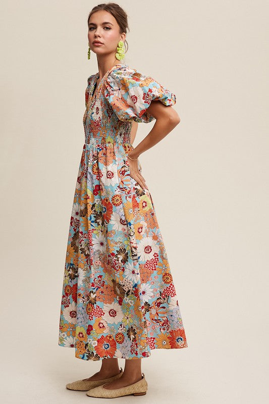 Listicle Flower Print Smocked V-neck Puff Sleeve Maxi Dress