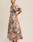 Listicle Flower Print Smocked V-neck Puff Sleeve Maxi Dress