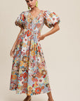 Listicle Flower Print Smocked V-neck Puff Sleeve Maxi Dress