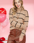 COCO Beige & Brown Drop Shoulder Striped Pullover