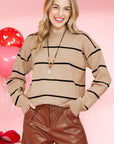 COCO Beige & Brown Drop Shoulder Striped Pullover