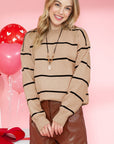 COCO Beige & Brown Drop Shoulder Striped Pullover