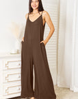 Double Take Full Size Soft Rayon Spaghetti Strap Tied Wide Leg Jumpsuit