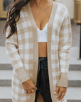 Women Khaki Open Front Plaid Long Cardigan