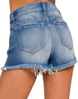 Zenana Mid Rise Raw Frayed Hem Denim Shorts