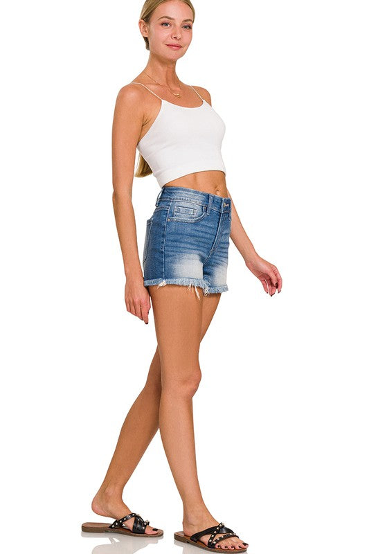 Zenana Mid Rise Raw Frayed Hem Denim Shorts