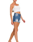 Zenana Mid Rise Raw Frayed Hem Denim Shorts