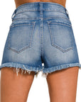 Zenana Mid Rise Raw Frayed Hem Denim Shorts