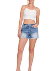 Zenana Mid Rise Raw Frayed Hem Denim Shorts