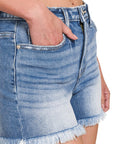 Zenana Mid Rise Raw Frayed Hem Denim Shorts