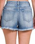 Zenana Mid Rise Raw Frayed Hem Denim Shorts