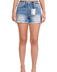 Zenana Mid Rise Raw Frayed Hem Denim Shorts